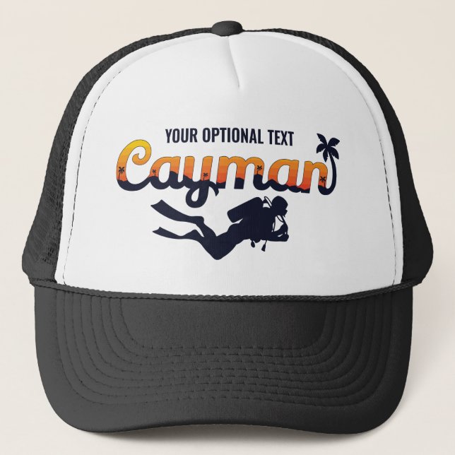 Custom Text Cayman Islands Scuba Diver Trucker Hat (Front)