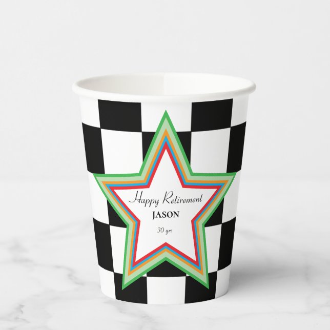 Custom Text, Checkered Happy Retirement Paper Cups (Left)