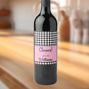 Custom Text, Cheers Pink Houndstooth (6) Wine Label