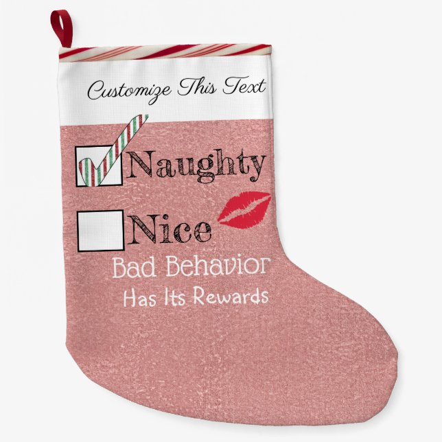 Custom Text/ Christmas Rose Gold Glitter Naughty Large Christmas Stocking (Front)