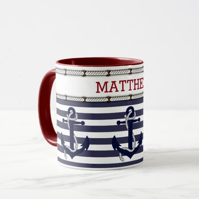 Custom Text Classic Nautical Anchor Motif Mug (Front Left)