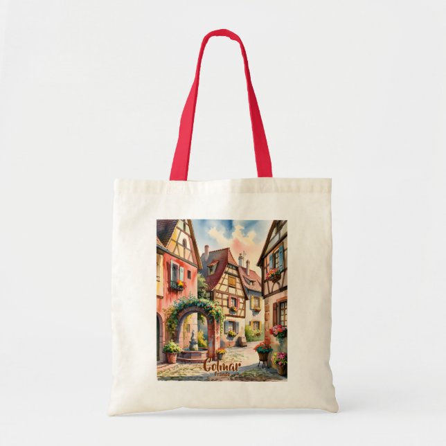 Custom Text Colmar Alsace France Watercolor Retro Tote Bag (Front)
