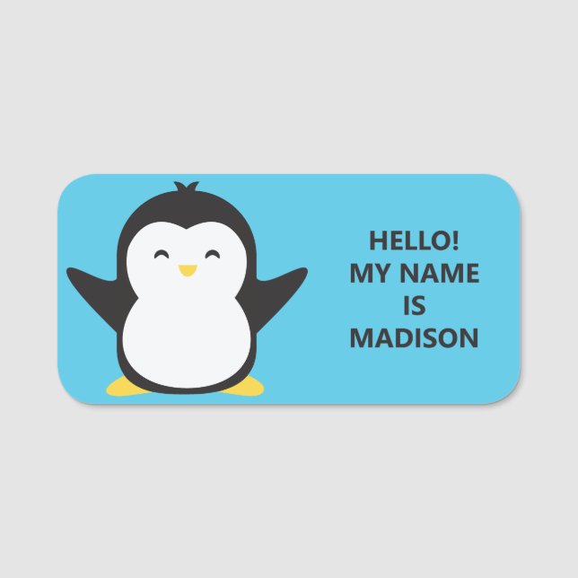 Custom text & colour cute penguin name tag (Front)