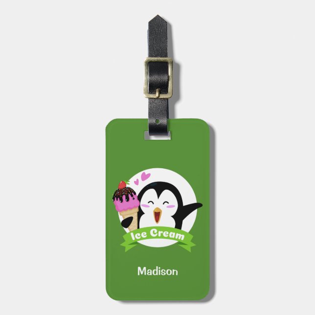 Custom text & colour Ice Cream Penguin Luggage Tag (Front Vertical)