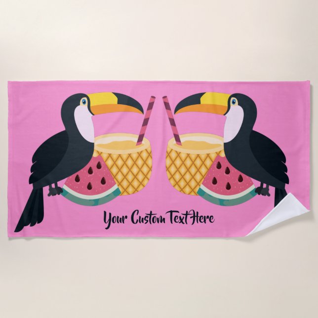 Custom text & colour Toucan Illustration Beach Tow Towel (Front)