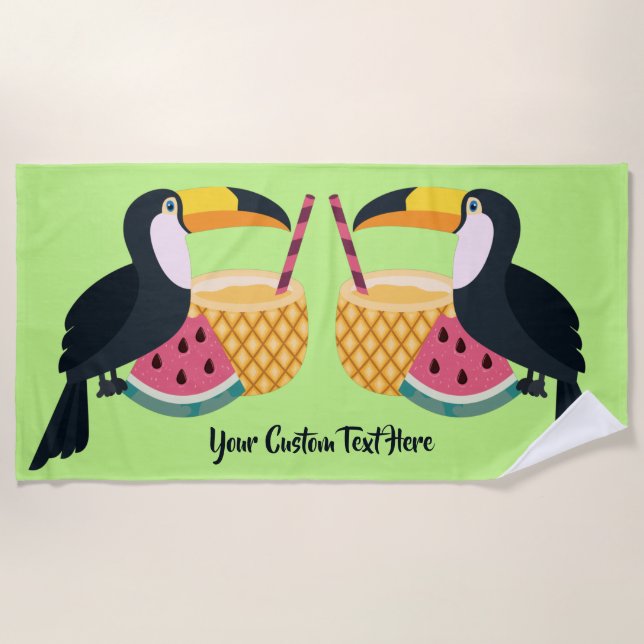 Custom text & colour Toucan Illustration Beach Tow Towel (Front)