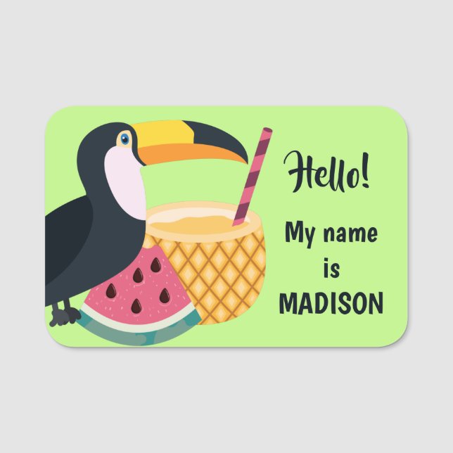 Custom text & colour Toucan Illustration Name Tag (Front)