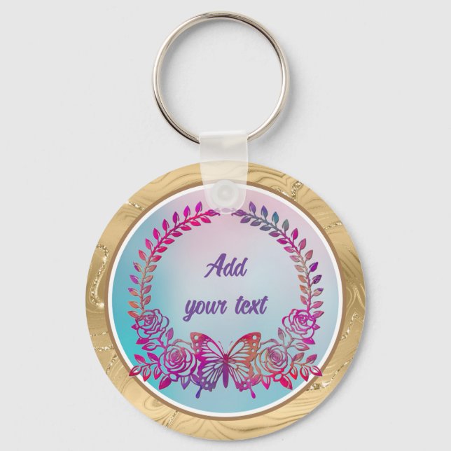 Custom Text, Colourful Butterfly and Flower Key Ring (Front)