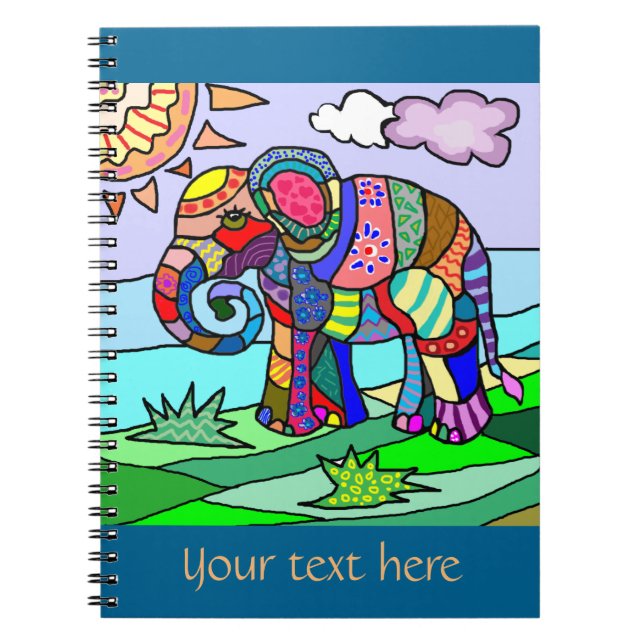 Custom text colourful floclore artistic elephant notebook (Front)