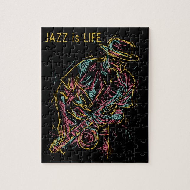 Custom text Colourful Jazz Player Jigsaw Puzzle (Vertical)