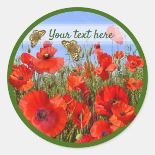 Custom Text Colourful Poppy Field Classic Round Sticker