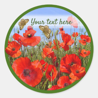 Custom Text Colourful Poppy Field Classic Round Sticker