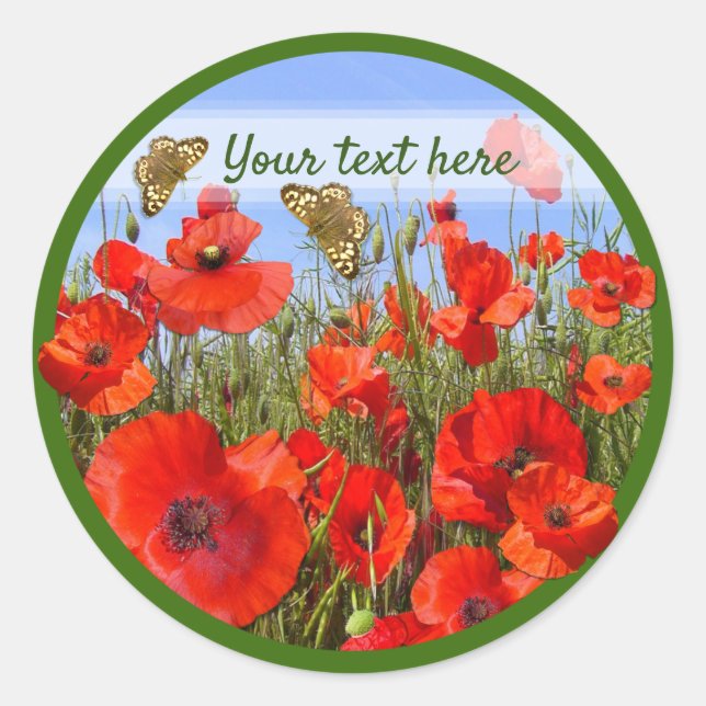 Custom Text Colourful Poppy Field Classic Round Sticker (Front)