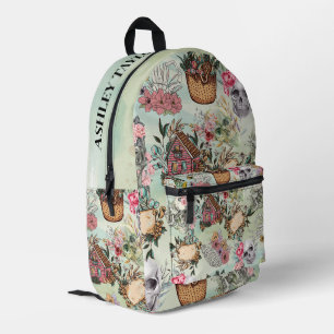 Custom text cool hand drawn vintage floral skull printed backpack