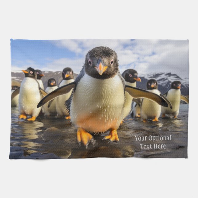 Custom Text Cool Penguins Tea Towel (Horizontal)