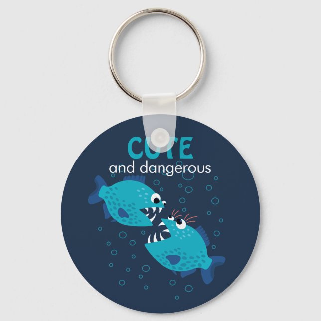 Custom Text Cute And Dangerous Piranha Fish Key Ring (Front)