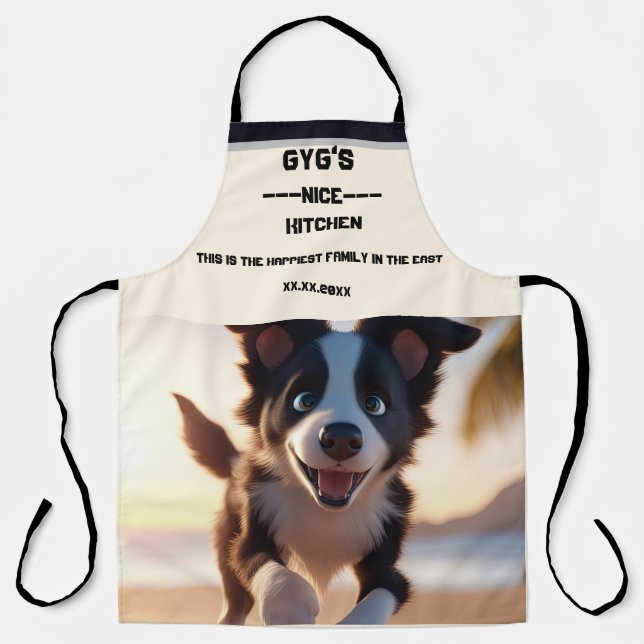 Custom text, cute black and white dog apron (Front)