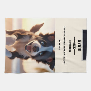 Custom text, cute black and white dog tea towel