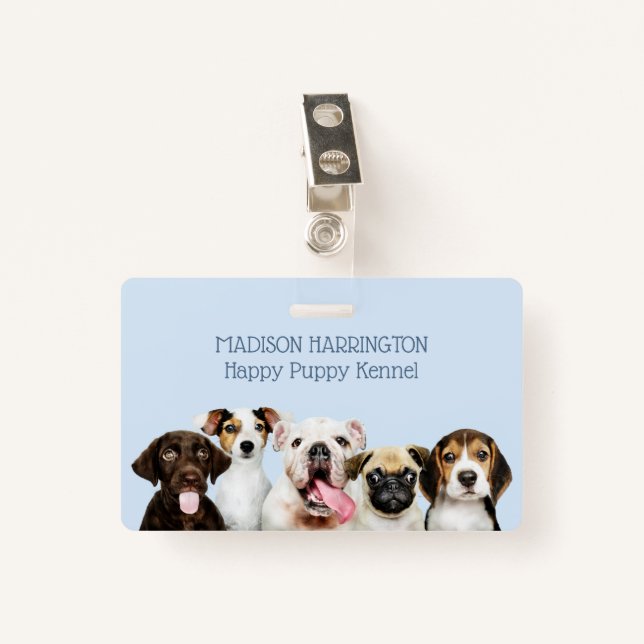 Custom text Cute Puppies ID Badge (Front with Clip)