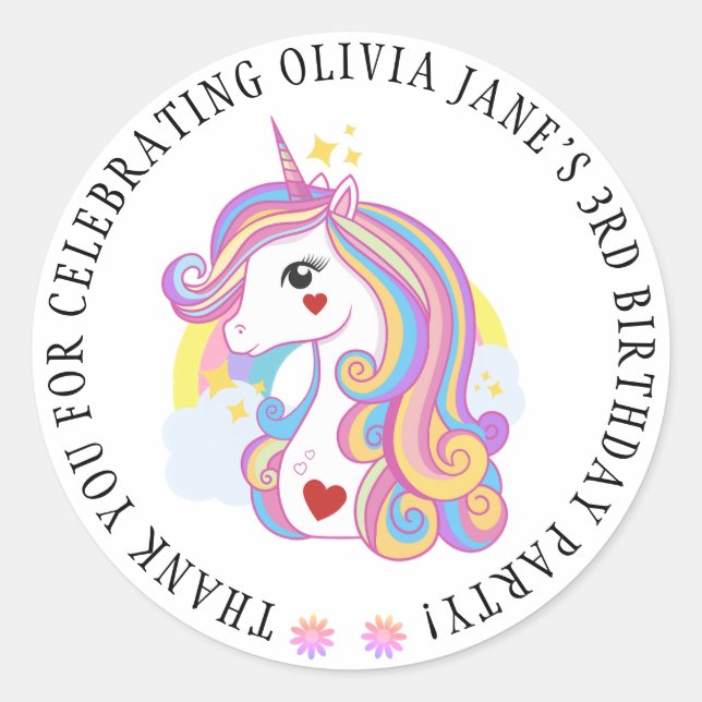 Custom Text Cute Unicorn Rainbow Classic Round Sticker (Front)