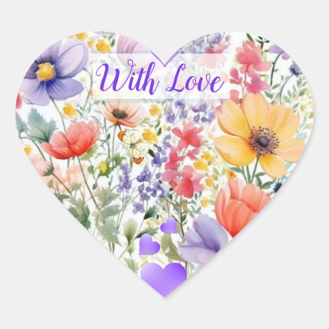Custom Text Dainty Pretty Watercolor  Floral  Heart Sticker (Front)