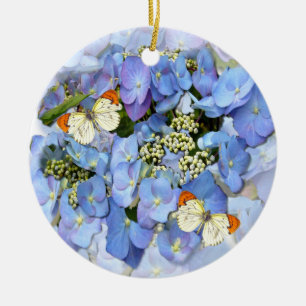 Custom Text Delicate Blue Lacecap Hydrangea Ceramic Tree Decoration
