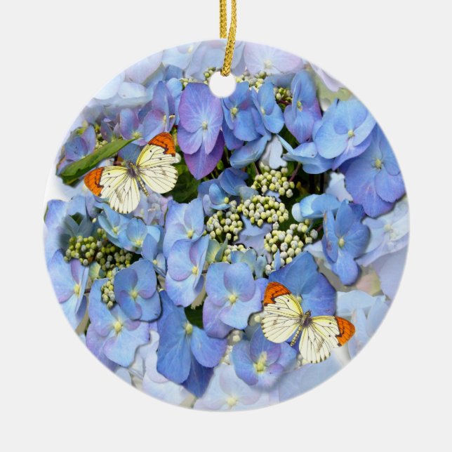 Custom Text Delicate Blue Lacecap Hydrangea  Ceramic Tree Decoration (Front)