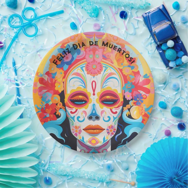 Custom text Dia de Muertos La Calavera Catrina Paper Plate (Party)