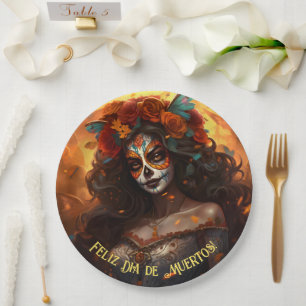 Custom text Dia de Muertos La Calavera Garbancera Paper Plate