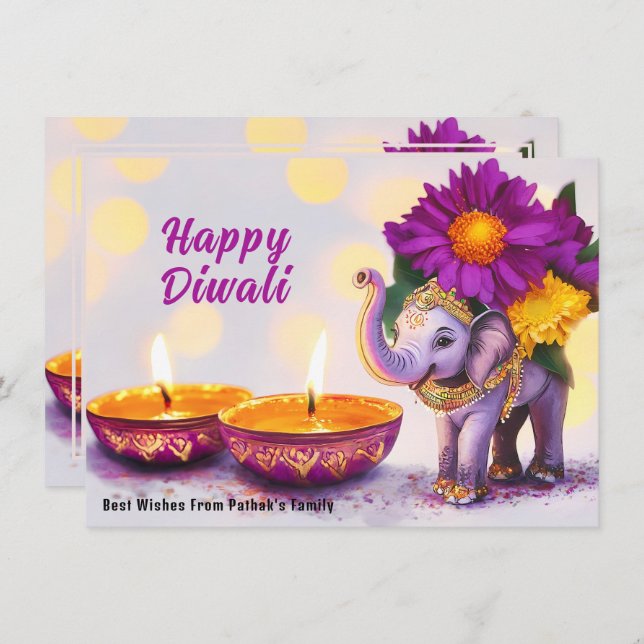 Custom text, Diwali Elephant Elegance Holiday Card (Front/Back)