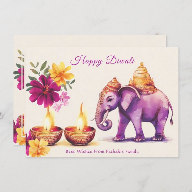 Custom text, Diwali Elephant Grace Holiday Card (Front/Back)