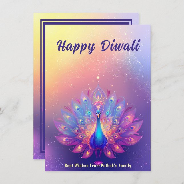 Custom text, Diwali Peacock Splendour Holiday Card (Front/Back)