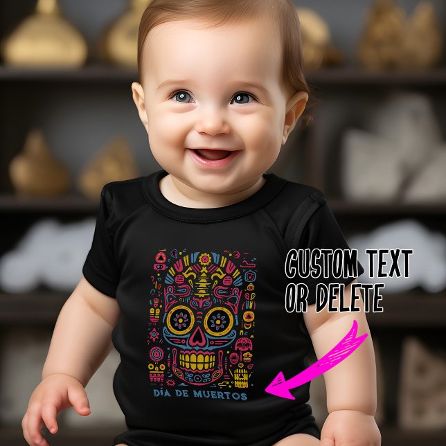 Custom text 💀  doodle style Día de Muertos Baby Bodysuit (Adorable Dia de Muertos Baby body suit with custom text and doodle style sugar skull)