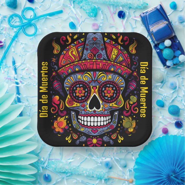 Custom text 💀  doodle style Día de Muertos Paper Plate (Party)