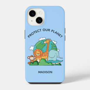 Custom Text Earth with Animals iPhone 14 Case