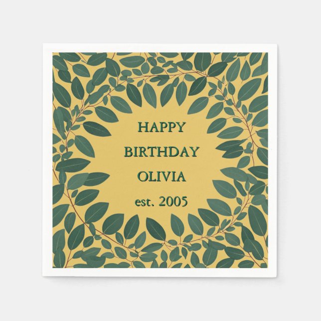 Custom text eucalyptus Frame – mustard yellow Napkin (Front)