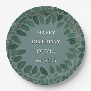 Custom text eucalyptus Frame – retro blue Paper Plate