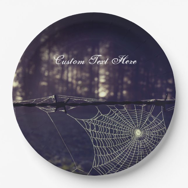 Custom Text/ Fall Spooky Forest Creepy Spider Web Paper Plate (Front)