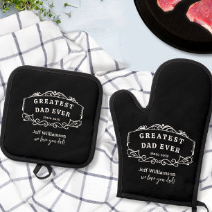 Custom Text, Father's Day Gift, Black and White Oven Mitt & Pot Holder Set