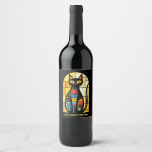 Custom Text Faux Stained Glass Cat Wine Label