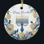 Custom text Festival of Lights Harmony Ceramic Tree Decoration<br><div class="desc">This exquisite Hanukkah ceramic circle ornament, named “Festival of Lights Harmony, ” is a perfect addition to your holiday decor. It features a beautifully crafted Star of David in a stained glass style with rich hues of blue, gold, and brown, creating an elegant mosaic effect. In the centre, bold white...</div>