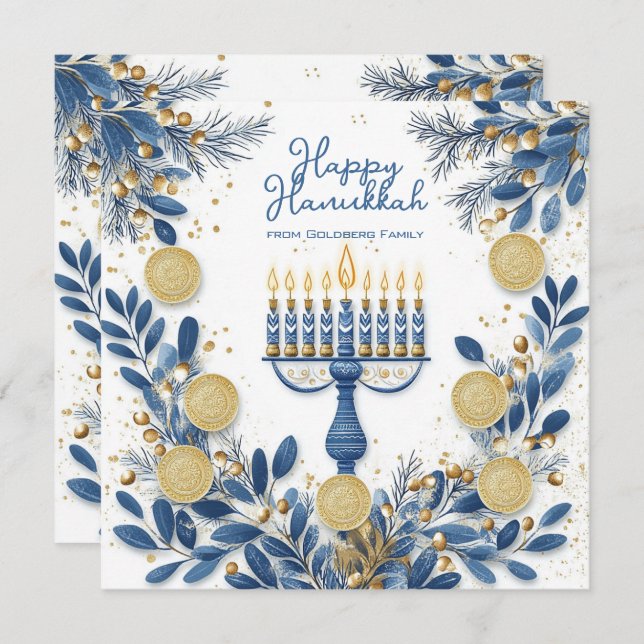Custom text Festive Foliage Hanukkah Holiday Card (Front/Back)