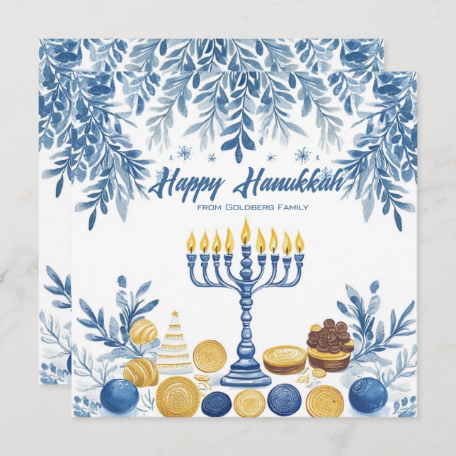 Custom text Festive Foliage Hanukkah Holiday Card (Front/Back)