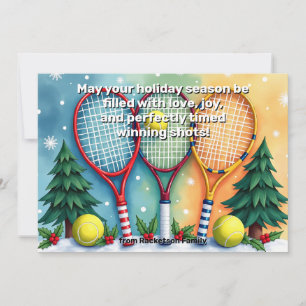 🎾🎄Custom text, Festive Three-Handed Smash Holiday Card