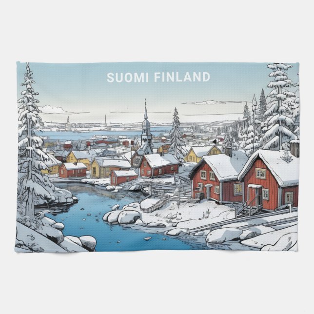 Custom Text Finland Winter Illustration Tea Towel (Horizontal)