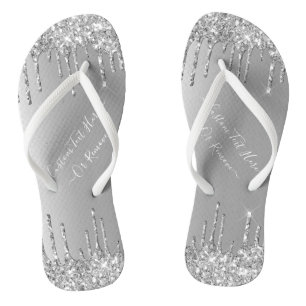 Custom Text Flip Flops Silver Glitter Drips