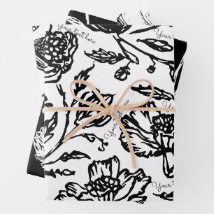 Custom Text Floral Black and white Wrapping Paper Sheet