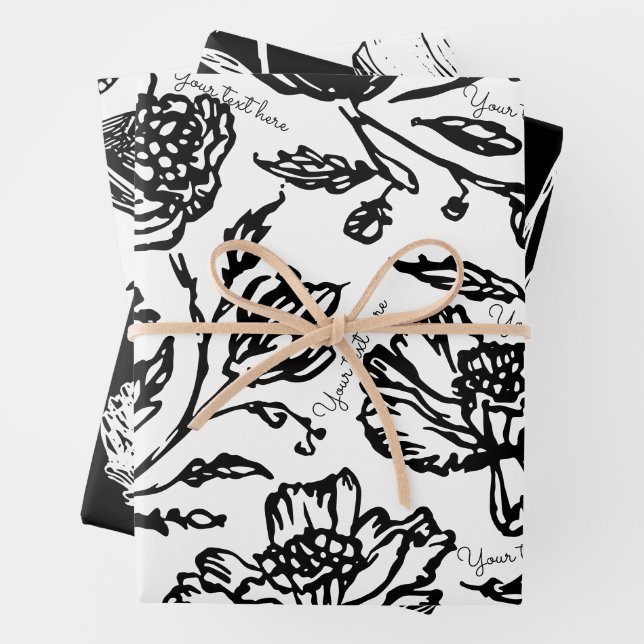 Custom Text Floral | Black and white Wrapping Paper Sheet (In situ)