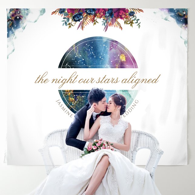 Custom Text, Floral Celestial Photo Backdrop Tapestry (Creator Uploaded)