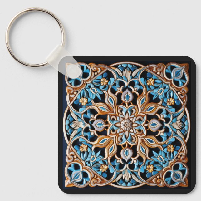 Custom Text Floral Tile Pattern Faux Ceramic Key Ring (Front)
